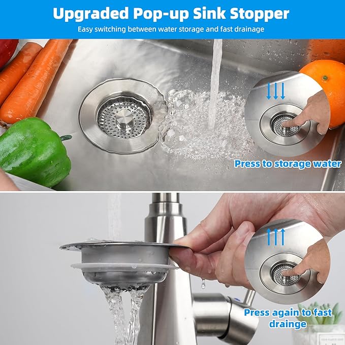 Hibbent All Metal Stainless Steel 3 in 1 Kitchen Sink Drain Strainer and Stopper Combo, Upgraded Sink Stopper, Anti-Clogging Stainless Steel Basket Strainer with Handle for US Standard 3-1/2" Drain