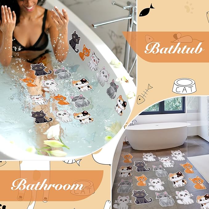 Yaomiao 24 Pcs Cat Non Slip Bathtub Stickers Shower Stickers Anti Slip Decal Threads Adhesive Appliques with Scraper Adhesive Decals for Safety Bathroom Tubs, Shower Floor, Stairs