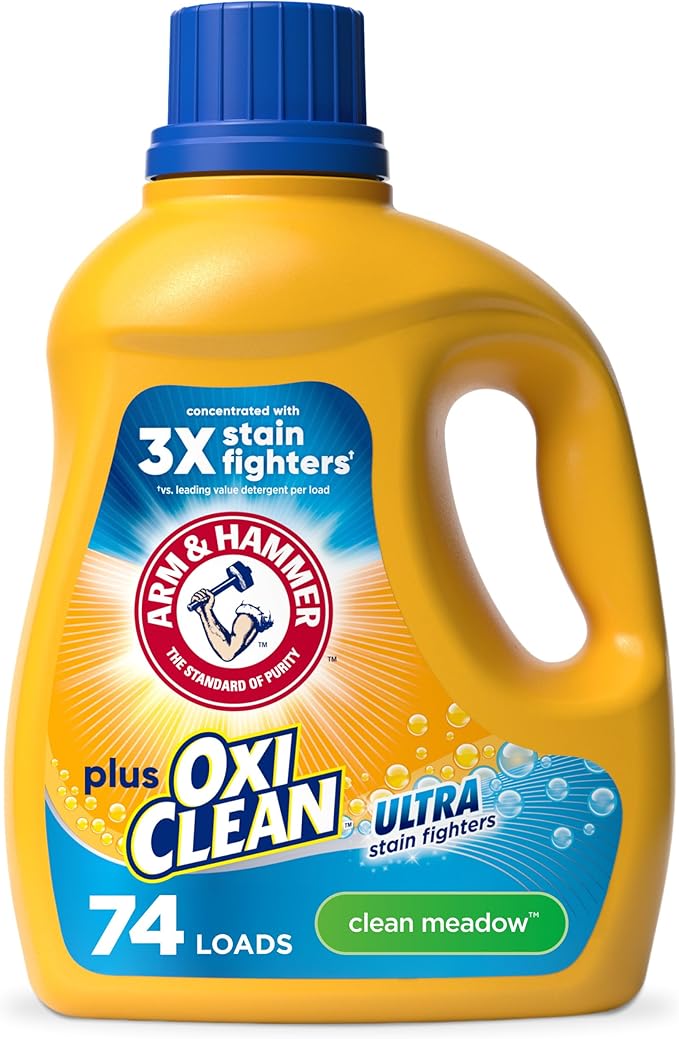 ARM & HAMMER Plus OxiClean Ultra Stain Fighters Liquid Laundry Detergent, Stain Remover for Clothes, Clean Meadow, 74 Loads, 96.2 fl oz