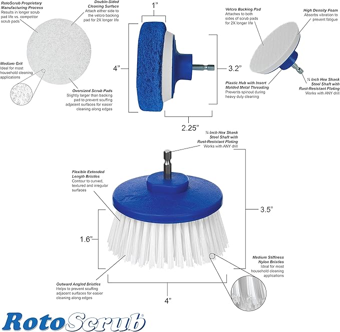 RotoScrub Drill Cleaning Brush & Sponge Pads Kit – Indoor/Outdoor Power Scrubber for Tubs, Showers, Grout, Tile, Tires, Grills, Siding, Wood, Glass Cooktops – Drill Attachment Accessory Set
