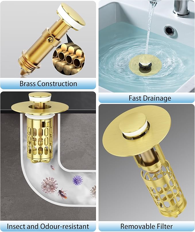 Upgraded Bathroom Sink Stopper with Hair Catcher - Universal Pop-Up Drain Plug, Stainless Steel & Silicone Seal for 1.1-1.5 Inch Drains, Gold Matte Brushed Finish (Gold Matte Brushed)