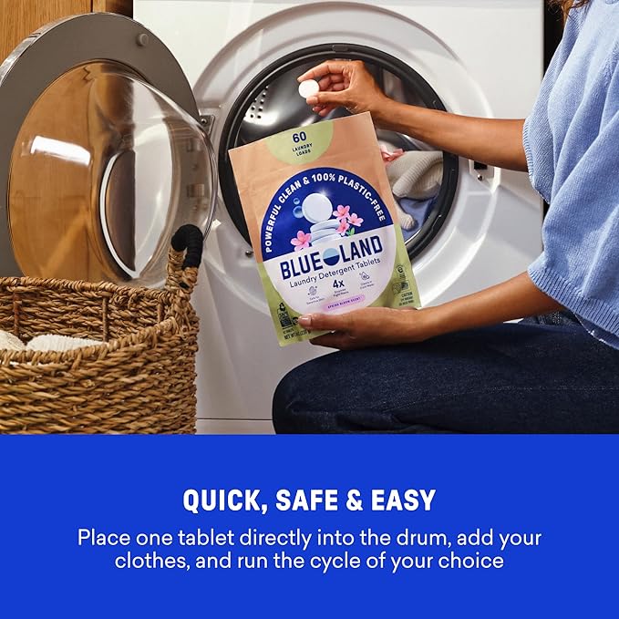 BLUELAND Laundry Detergent Tablets, 60 Count, Spring Bloom Scent, Plastic-Free Eco-Friendly Pods, Sheets, Liquid Alternative - Safe for Sensitive Skin, Gentle