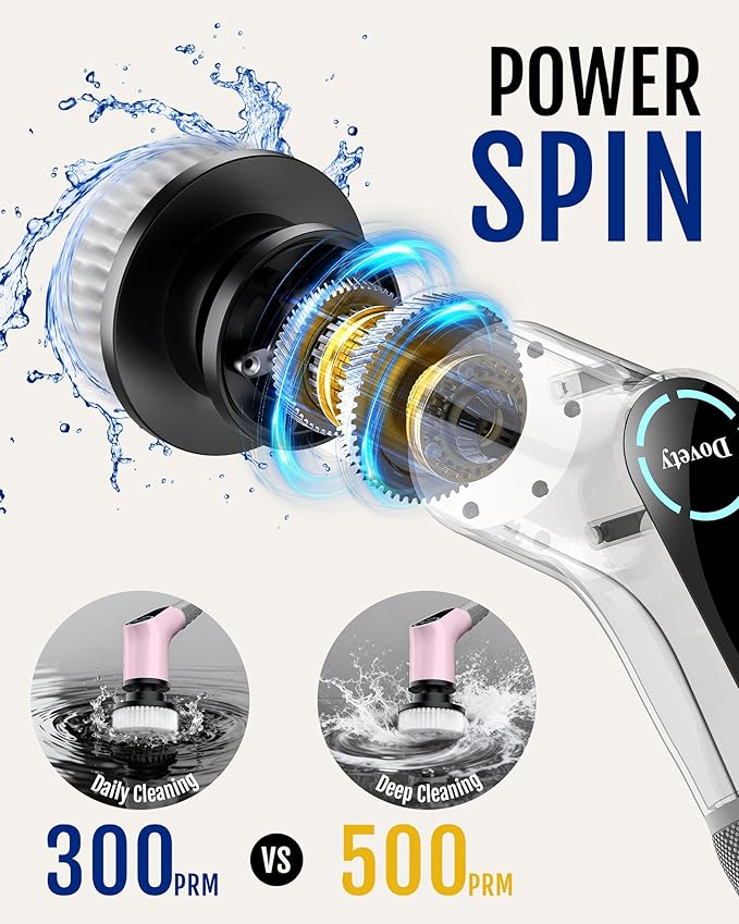 Dovety Electric Spin Scrubber, Cordless Cleaning Brush, Shower Scrubber with 8 Replaceable Brush Head, Power Cleaning Brush with Extension Handle, 2 Adjustable Speed, for Bathtub Grout Tile Floor