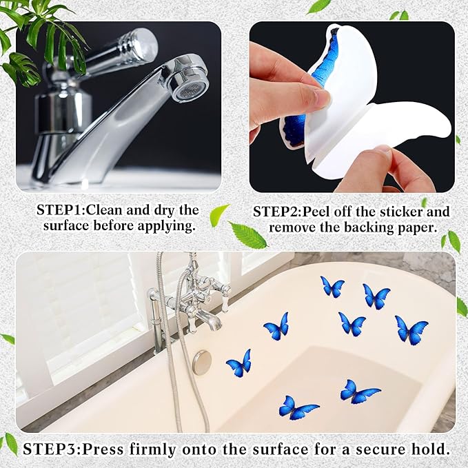 20 Pcs Non Slip Bathtub Stickers Anti Slip Shower Stickers Butterfly Anti Skid Bathtub Decals Adhesive Shower Grips Peel and Stick Treads Applique with Scraper(Blue,Butterfly)