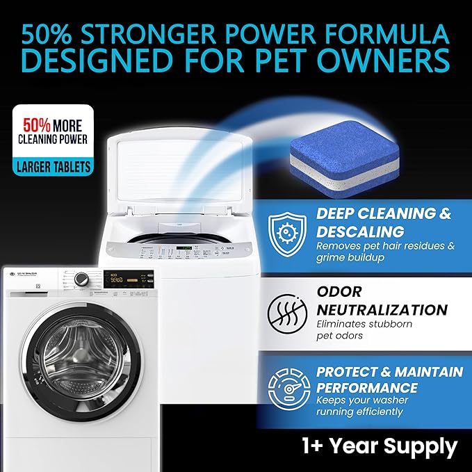 Washing Machine Cleaner New Ultra Pro Tablets 50% Stronger Formula for Pet - 56 Pack, HE Front & Top Load, Washer Deep Cleaning, Remove Tough Pet Hair, Odors, Residue & Grime, No Dander Build-up