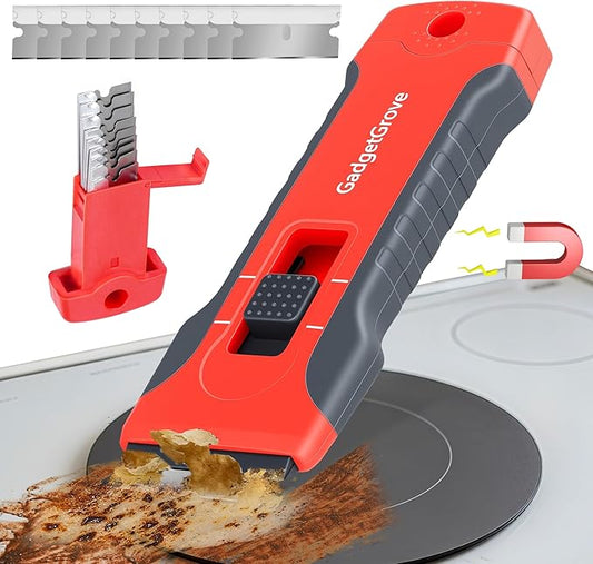 Razor Blade Scraper for Cleaning Glass Window, Cooktop, Oven, Stove, stove top,glass top stoves, Scraper with Buit-In Blade Storage, Upgraded Lock Mechanism, Razor Scraper Buit-In Blade torage, Red