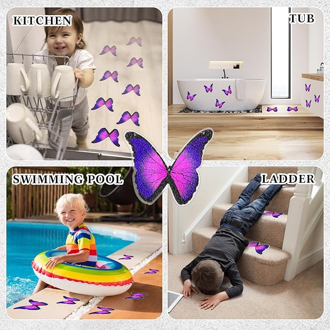 20 Pcs Non Slip Bathtub Stickers Anti Slip Shower Stickers Butterfly Anti Skid Bathtub Decals Adhesive Shower Grips Peel and Stick Treads Applique with Scraper(Purple,Butterfly)