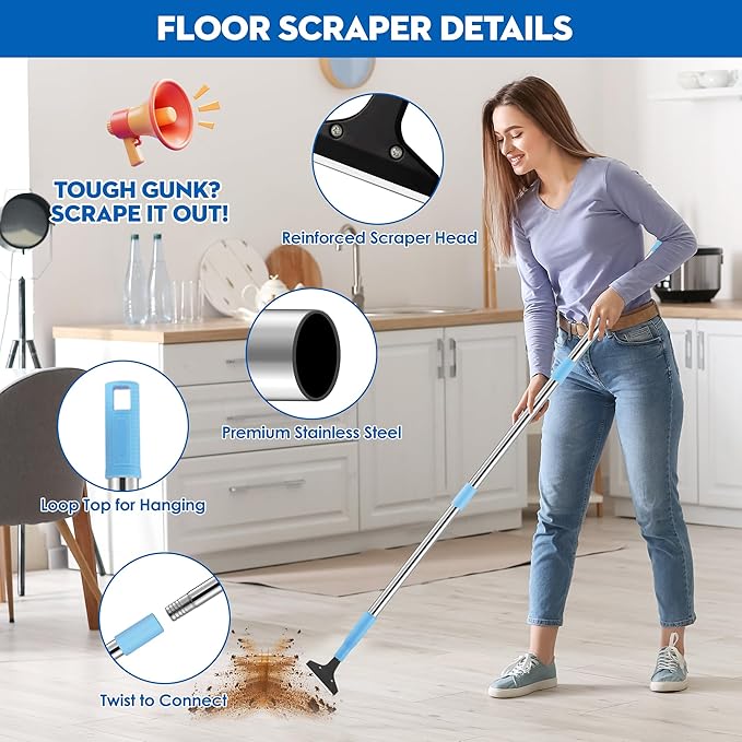 Silver Floor Scraper with 10 Replacement Blades - 4" Razor Blade, Stainless Steel Adjustable Long Handle (37" to 51"), Heavy-Duty Scraper Tool for Cleaning Stove Tops, Glass, Tiles, Walls & Labels