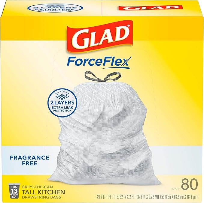 Glad ForceFlex Tall Kitchen Drawstring Trash Bags, 13 Gal, Fragrance Free (Package May Vary) (Pack of 240)