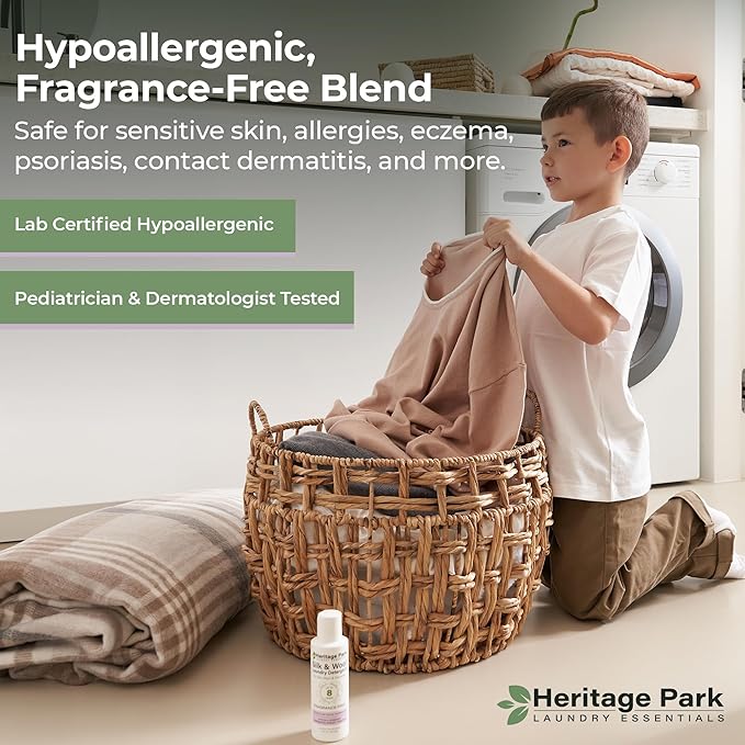 Heritage Park Silk & Wool Fragrance Free, Hypoallergenic, pH-Neutral Laundry Detergent - Dermatologist-tested, Sensitive Skin-Friendly, Enzymes-Free, Ultra Concentrated (4 Fl Oz)