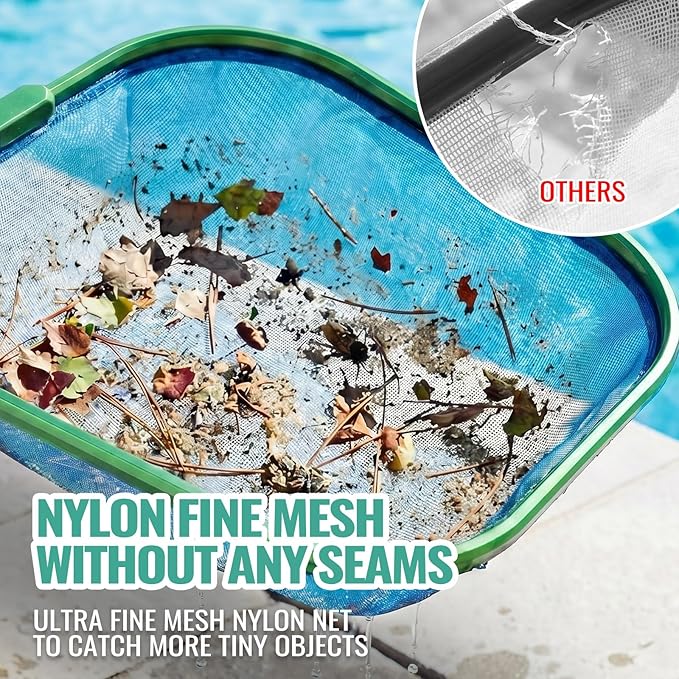 36" Hot Tub Pool Skimmer Net with Pole All-Metal Aluminum Frame & Handle for Small Above Ground Pools - Lightweight Pool Skimmer Net for Daily Leaves Bugs Removal Easy Cleaning, Metal Green
