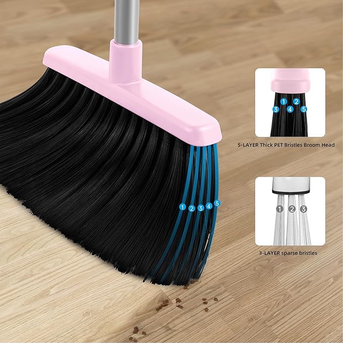 BSKLIN Broom and Dustpan Set, 54” Long Adjustable Household Hand Broom with Dustpan Teeth to Clean Hair Broom with Dustpan Set Heavy Duty to Clean Hair for Home Lobby Office (Pink)