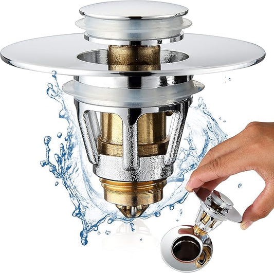 Universal Bathroom Sink Stopper - Stainless Steel Bounce Drain Filter, Pop Up Drain Stopper, Bullet Core Push Type Sink Stopper for Wash Basin, Sink Drain Plug with Anti-Clogging Strainer, Chrome