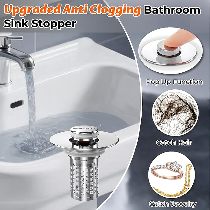Bathroom Sink Stopper, Stainless Steel Pop-up Sink Stopper Hair Catcher with Removable Basket (2PCS)