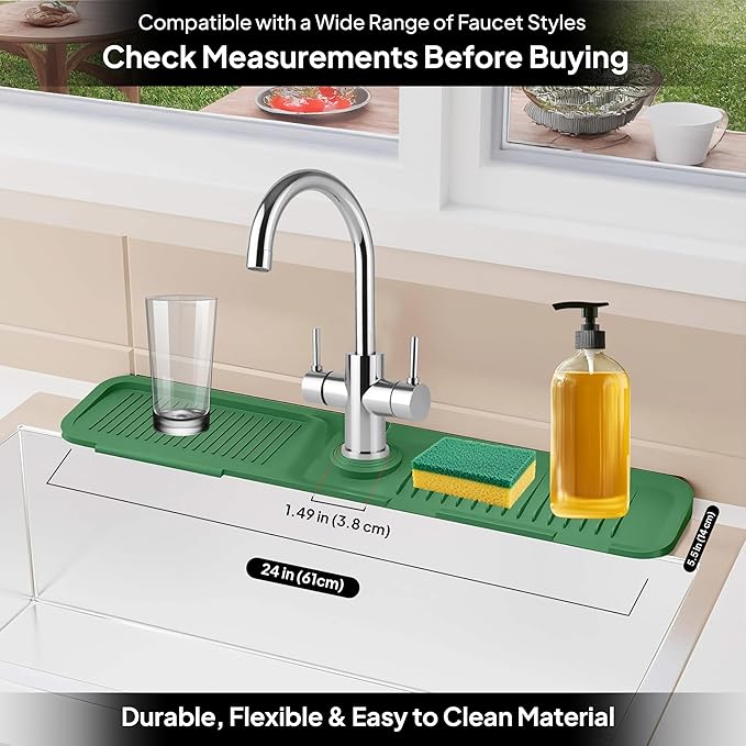 24 Inch Silicone Faucet Mat for Kitchen Sink Splash Guard & Draining Tray Sink Protector with Soap & Sponge Holder Green (Purest Peak)
