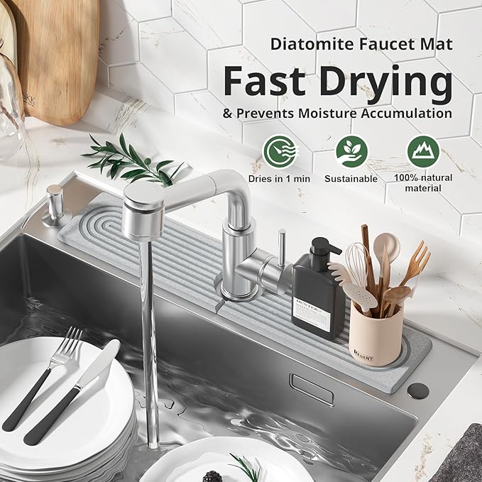 Quick Dry Sink Splash Guard - 15.8" Fast Drying Diatomaceous Earth Faucet Tray - Super Absorbent Sink Faucet Mat for Kitchen & Bathroom Countertops - Gray