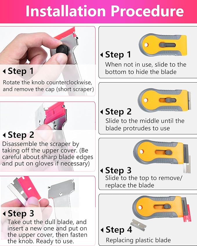 2 Pack Razor Blade Scraper with 10 Plastic and 20 Metal Blades for Removing Paint, Registration Sticker, Grease from Windshield, Glass Top Stove Cooktop Scraper(Pink)