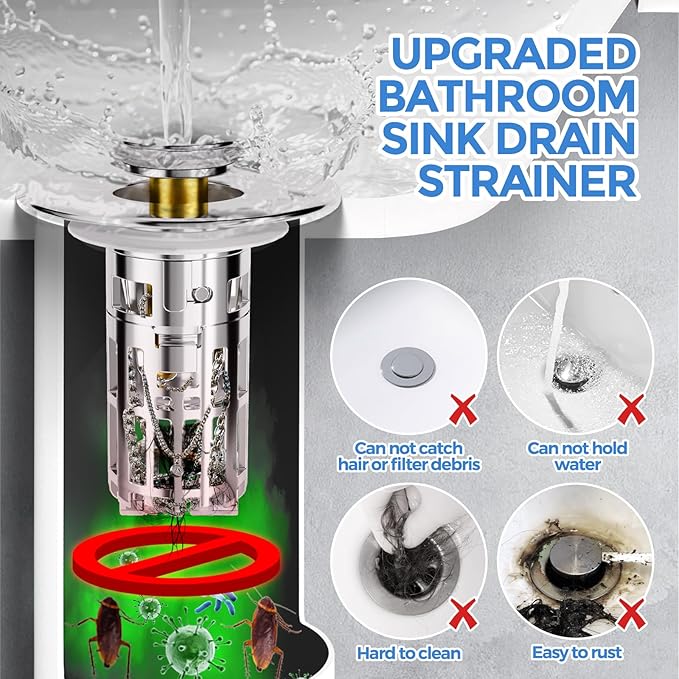 zaa Bathroom Sink Drain Strainer - (2 Pc) 3 in 1 Sink Stopper Bathroom Drain with Removable Filter Basket for Easy Clean, Pop Up Sink Drain Stopper for 1.1'' to 1.6'' Basin, Brass Core, 10000+ Tested