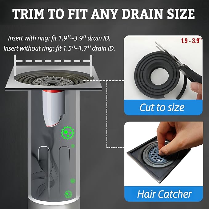 Odor-Proof Shower Drain Plug - Backflow Preventer with Magnetic Closure Valve, Hair Catcher, and Silicone Reducer Ring, Fits 1.9''-3.9'' ID Drains, Sewers, and Pipes