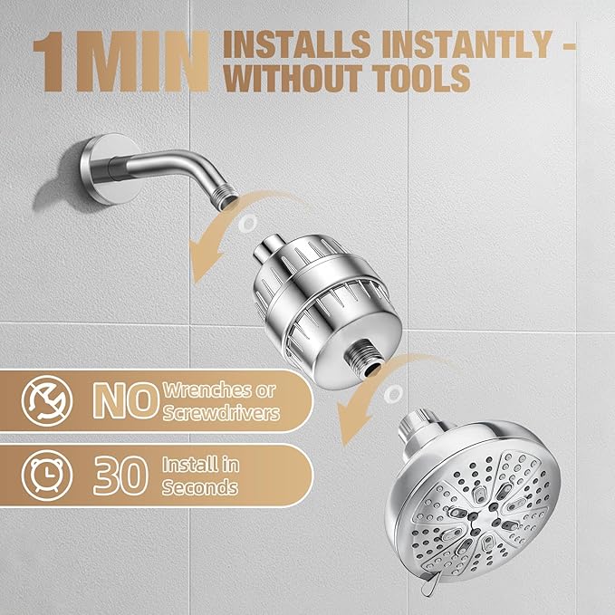 25-Stage Hard Water Shower Filter with Enhanced KDF55,High Output Filtered Shower Head with 3 Replacement Cartridges,Removes Chlorine,Fluoride & Sediment,Universal Polished Chrome Bathroom Showerhead