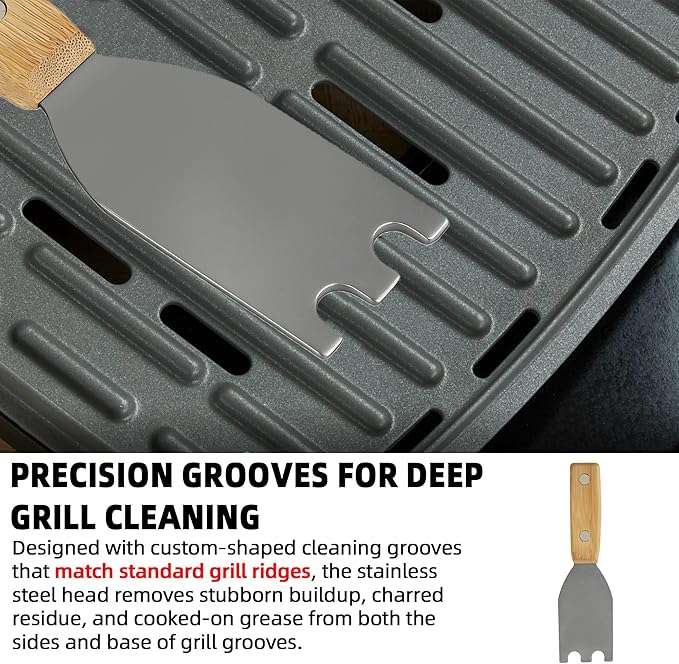 TonGass Bamboo Grill Scraper with Stainless Steel Head Compatible with George Foreman 1925B01B Grill Spatula for George Foreman & Most Other Indoor Grills with Grooves, Heat-Resistant & Durable