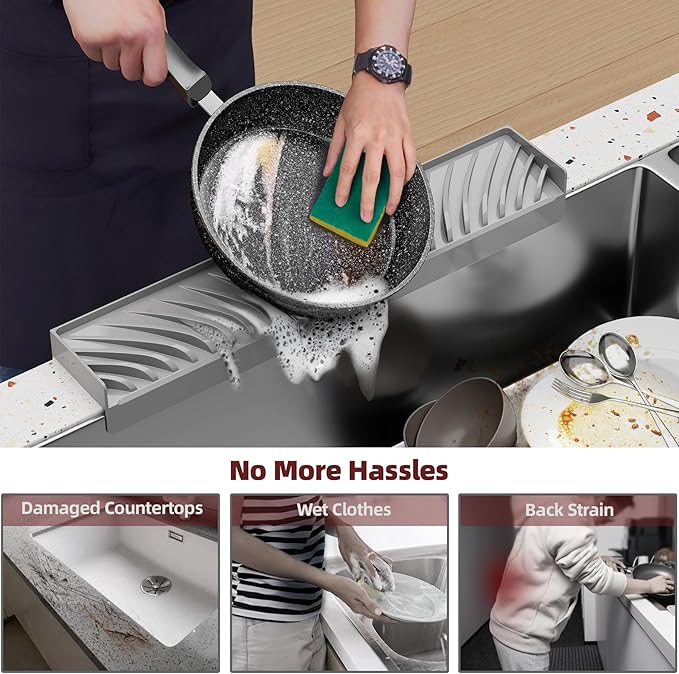 NiHome Multi-Use Silicone Kitchen Sink Edge Guard for Stone Countertop Edges 3.15"-4" Wide, Upgraded Slope Design with Raised Drainage Channels, Protector for Kitchen Sink, Bathtub, Wash Basin (Gray)