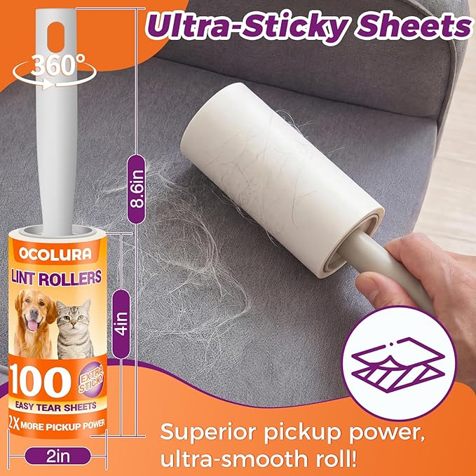 1200 Sheets Extra Sticky Lint Rollers for Pet Hair, Easy Tear Lint Remover for Dog Cat Hair, Clothes, Multipurpose Lint Roller for Furniture Couch Carpet Car Seat