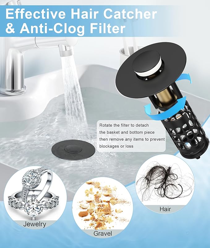 Upgraded Bathroom Sink Stopper with Hair Catcher - Universal Pop-Up Drain Plug, Stainless Steel & Silicone Seal for 1.1-1.5 Inch Drains, Matte Black Finish (Matte Black)