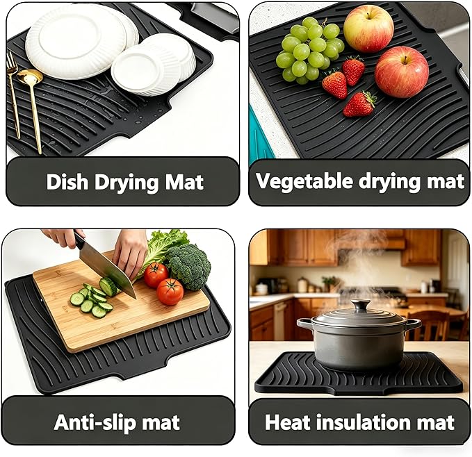 Silicone Dish Drying Mat,Dish Drying Pad,kitchen accessories,with Built-In and Non-Slip Drain,easy Clean, fit for kitchen, Bar, RV, Refrigerator and Drawer Liner, 15.7 * 13 in Black 1PCS by EBIGIC