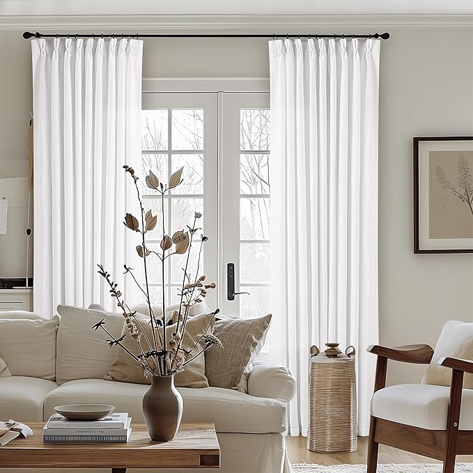 60 Inch Width Curtains 90 Inches Long Linen Curtains Pinch Pleated 90 Inch Length for Living Room Bedroom White Semi Sheer Back Tab Hooks Rings Pinch Pleat for Patio Glass Door 1 Panel