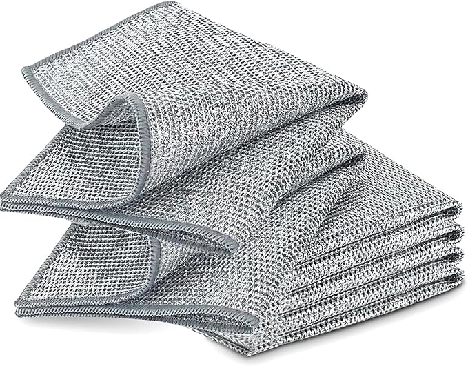6 PCS Double Layer Stainless Steel Cleaning Cloth Non Scratch Steel Mesh Dishwashing Cloths 20x20 cm Quick Dry Two Layer Metallic Wire Dish Cleaning Rag Towel for Kitchen Dish Sink Stove Top