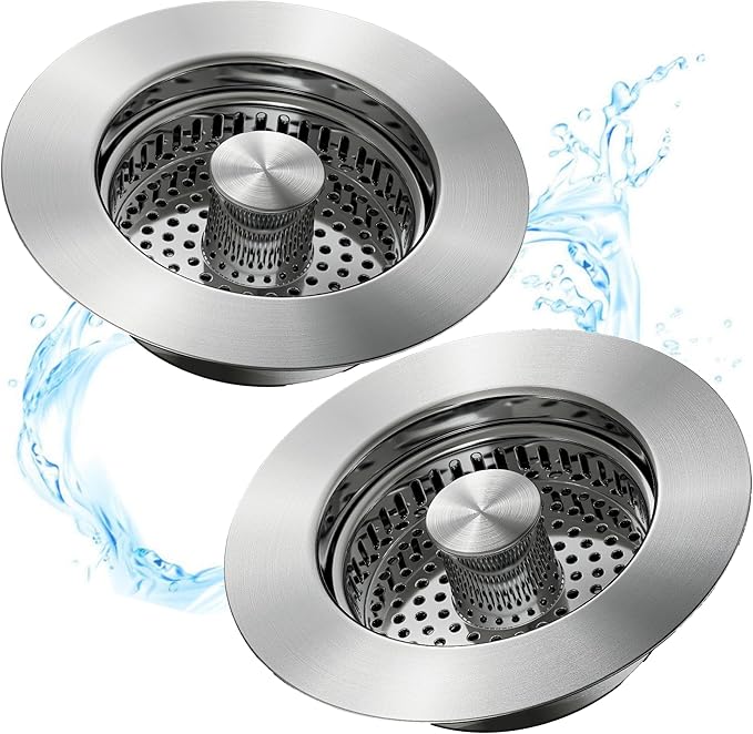 Kitchen Sink Drain Strainer 3 in 1, 304 Stainless Steel Pop Up Sink Stopper, Anti-Clogging Sink Stopper, Kitchen Drain Catcher, Sink Strainer for US Standard (Silver 2#)