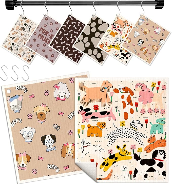 Miss Adola Kitchen Swedish Dishcloths with Hooks - 6 Pack Reusable Dish Cloths for Washing Dishes Fast Drying Cute Fun Swedish Dish Towels Washable Cleaning Sponge, Furry Dog