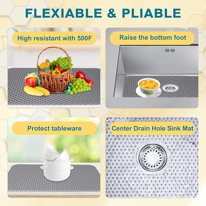 Silicone Sink Protectors for Kitchen Sink with Center Drain, 26'' x 14'' Kitchen Protector Accessory, Non-Slip Grid Mat for Bottom of Farmhouse Porcelain Stainless Steel (Center Hole)