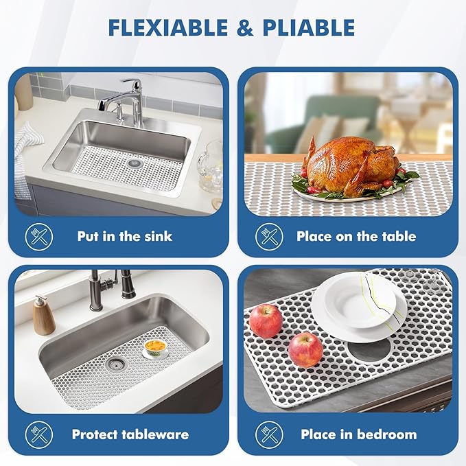 Silicone Sink Protectors for Kitchen Sink - 26"x 14" Kitchen Protector Accessory, Non-Slip Heat Resistan Mat for Bottom of Farmhouse Stainless Steel Porcelain (Rear Drain Hole,White)