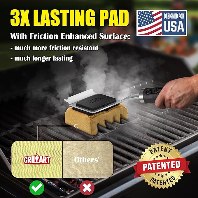 GRILLART Grill Brush for Outdoor Bristle Free - Reinforced Grill Scraper BBQ Brush - Replaceable Head Barbecue Grill Cleaning Brush - Safe BBQ Accessories Grill Tools for Men/Dad - Deep Clean