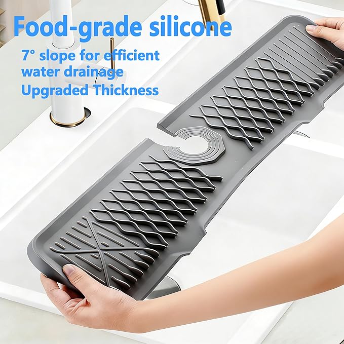 EBIGIC 24 Inch Silicone Faucet Mat for Kitchen Sink, 7° Slope Fast Self-Draining Sink Splash Guard, Kitchen Sink Water Catcher Organizer, Kitchen Sink Accessories (Gray, 24''x5.6'')