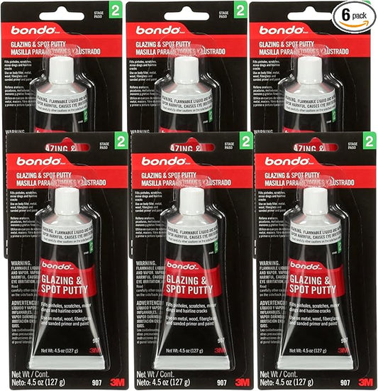 3M Bondo Glazing and Spot Putty 6-Pack, 4.5 oz Tubes, Nitrocellulose Automotive Glazing Putty for Filling Pinholes, Scratches, Minor Dings and Hairline Cracks, Sandable in 20 Minutes