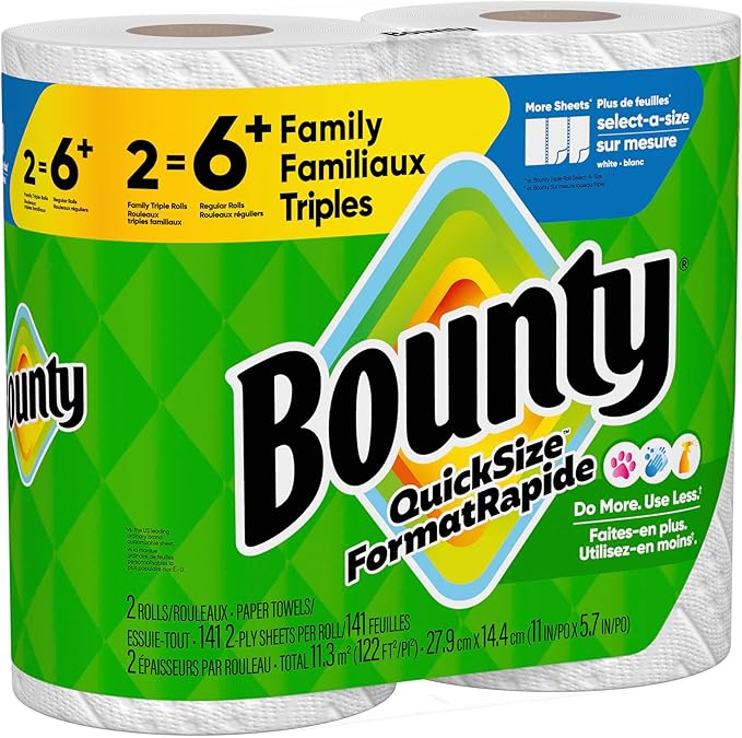 Bounty Paper Towels Quick Size, White, 2 Family Triple Rolls = 6+ Regular Rolls