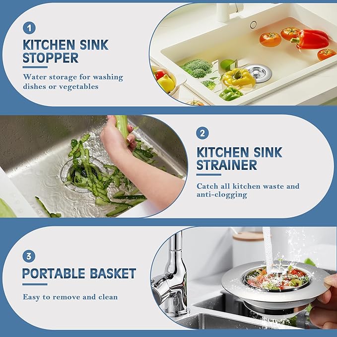 Kitchen Sink Drain Strainer 4 Pack, 304 Stainless Steel Pop Up Sink Stopper, Anti-Clogging Sink Drain Strainer for US Standard Kitchen Drain (Chrome)