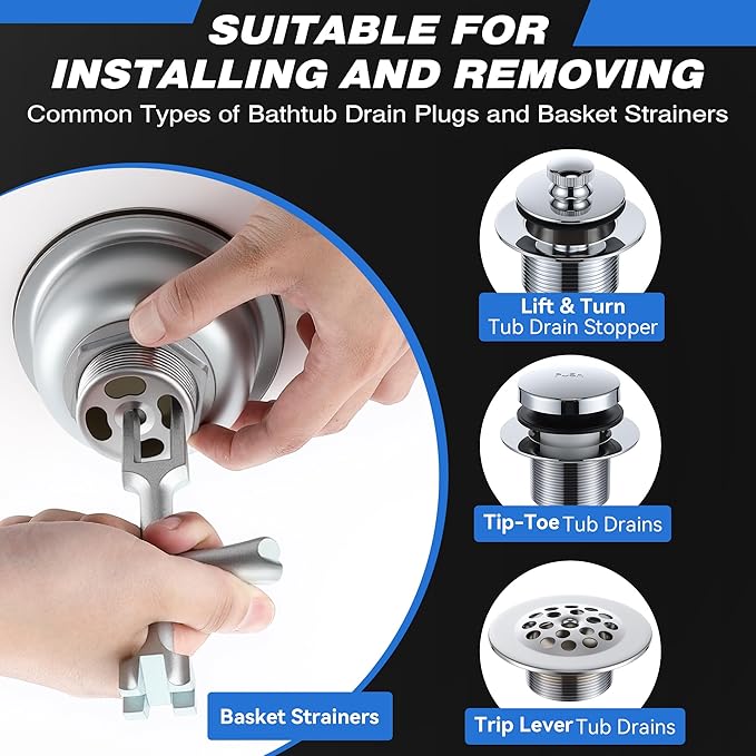 Enhon 4 Sided Drain Strainer Wrench with Sliding Handle for Bath/Shower Sink Tool for Installing Removing Pop Up Plugs, Basket Drains and Closet Spuds