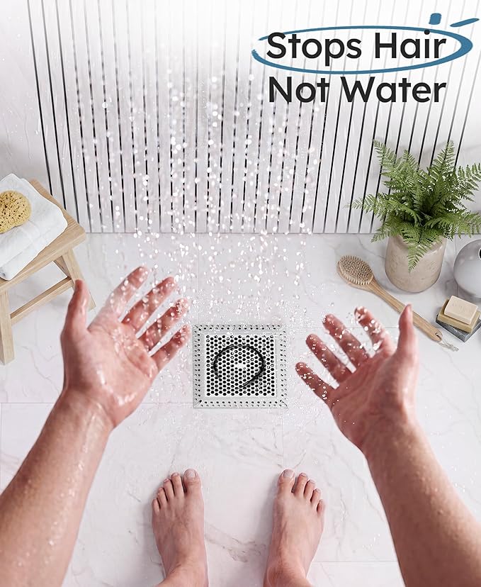 Square Shower Drain Hair Catcher, Flat Shower Drain Hair Catcher, Anti-Clogging Fast Drainage, Anti-Slip & Stays in Place, Easy Clean Fits Bathroom Hair Catcher for Shower (Gray, 4 inch)