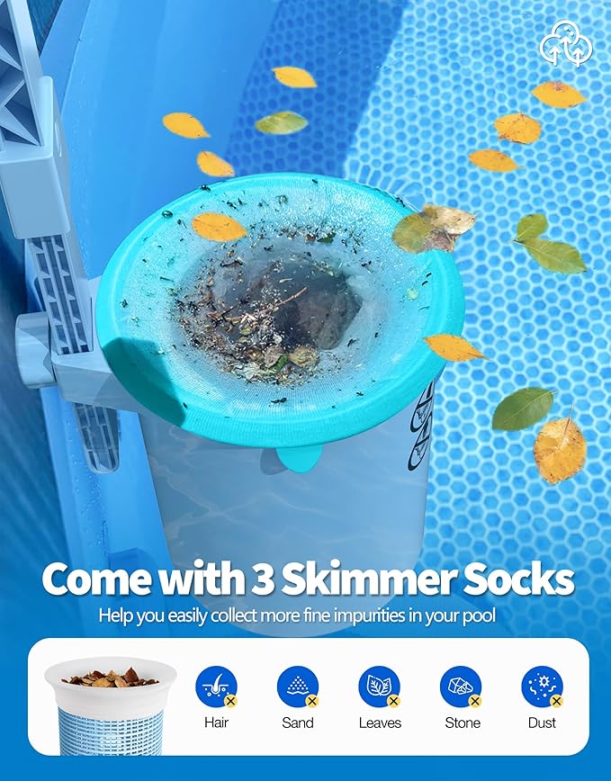 BluSwim 2026 Above Ground Pool Surface Skimmer Come with 3 Filter Socks, Enhanced Structure & Thickened Brackets Wall Mount Pool Skimmer, Floating Top Skimmers - Auto Skimming Surface Debris - Green