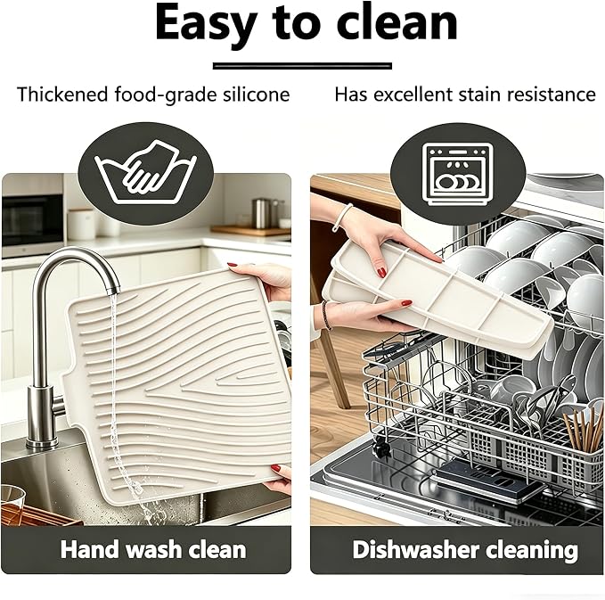 Silicone Dish Drying Mat,Dish Drying Pad,Kitchen Accessories,with Built-In and Non-Slip Drain,Easy Clean, Fit for Kitchen, Bar, RV, Refrigerator and Drawer Liner, 15.7*13 in Off White 1PCS by EBIGIC