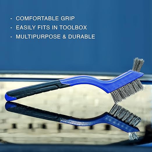 Wire Brush Set 3Pcs - Nylon/Brass/Stainless Steel Bristles with Curved Handle Grip for Rust, Dirt & Paint Scrubbing with Deep Cleaning – 7 Inches (Blue)