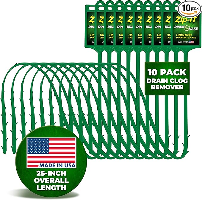 Zip-it Hair Drain Clog Remover, 25-inch Drain Unclogger Tool for Shower, Tub & Sink In Seconds - Reusable Snake Drain Hair Removal Tool, Flexible Drain Snake Non-toxic - Green (10-Pack)