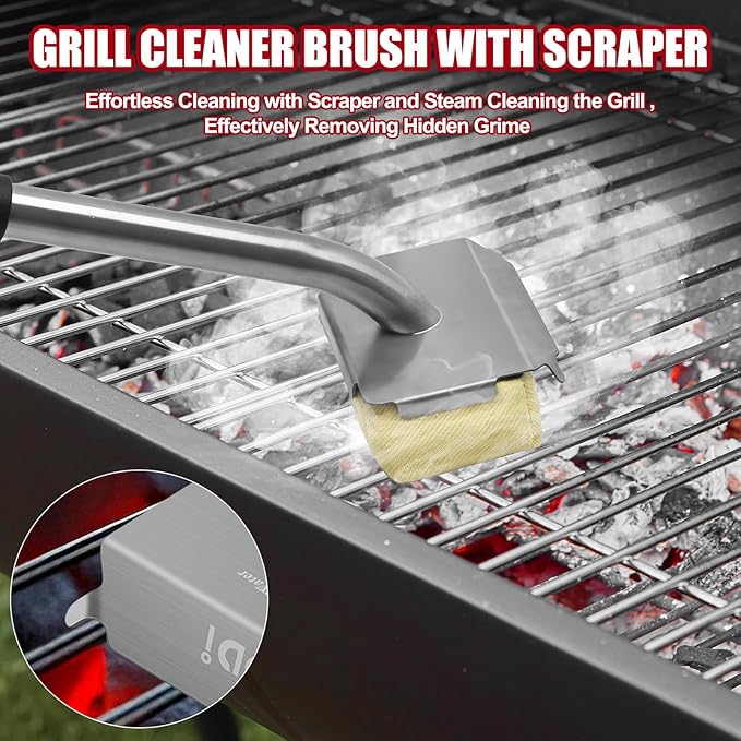 Grill Brush Bristle Free Steam Cleaning Tool, Heat-Resistant Aramid Fiber Cleaner with Replaceable Twill Pads & Steam, BBQ Accessories Cleaner - Gifts for Men/Dad