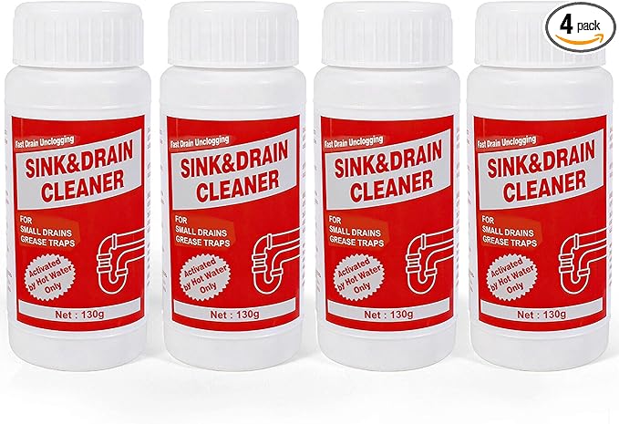 Drain Cleaner Sink Pipe Powder: Powerful Unclogger for Clogged Pipes and Sinks - Kitchen and Bathroom Drain Opener Cleaner with 2 Free Hooks Included (4 pack)