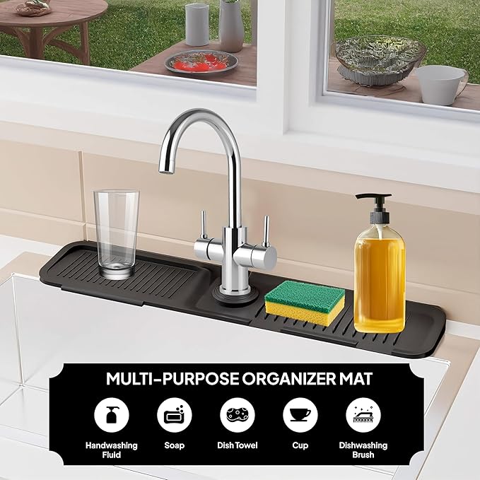 24 Inch Silicone Faucet Mat for Kitchen Sink Longer Splash Guard Behind Faucet Fast Draining 5° Slope Sink Protector Water Catcher Draining Mat Black