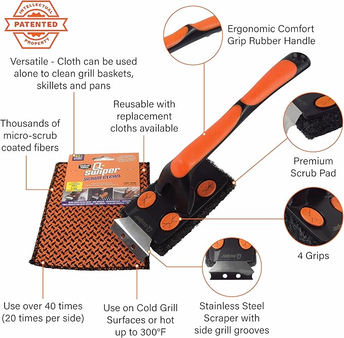 Proud Grill Q-Swiper XL Scrub-Clean BBQ Grill Cleaner Set - Long Bristle-Free Brush with Scraper & Scrub-Clean Reusable Cleaning Cloth, Grease & Grime Remover, Barbecue Cleaner for Outdoor Grilling